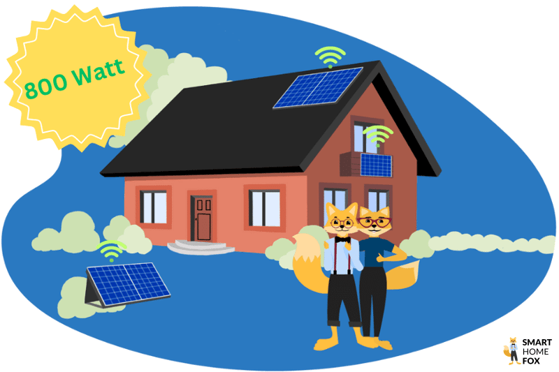 Die Smart-Home-Fox Experten stehen im Garten vor einem Haus mit mehreren Solaranlagen und freuen sich über die 800 Watt Erhöhung von Balkonkraftwerk Wechselrichtern.